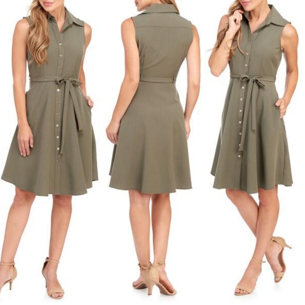 SHARAGANO Petite Flair Sleeveless Shirt Dress